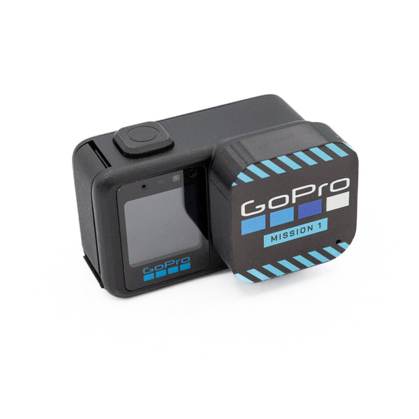 Custom UV printed TPU lens cap fitted to a GoPro Mission One, three quarter view