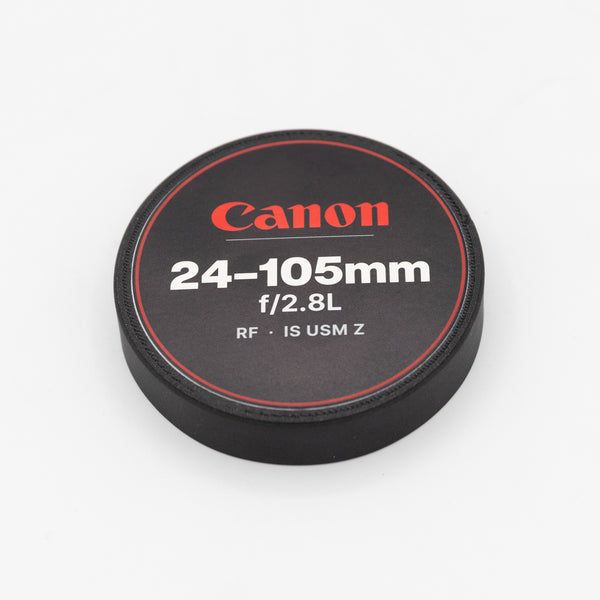 Canon RF 24-105mm f/2.8 L IS USM Z flexible TPU front lens cap, full-colour UV printed Canon logo, front on
