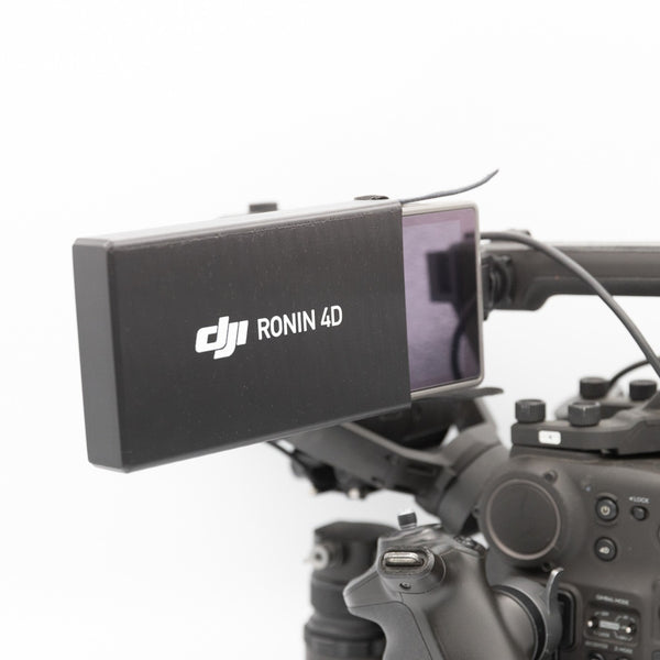 Ronin 4D Monitor Sleeve sliding over the monitor, example UV printed logo - 3D Film Parts