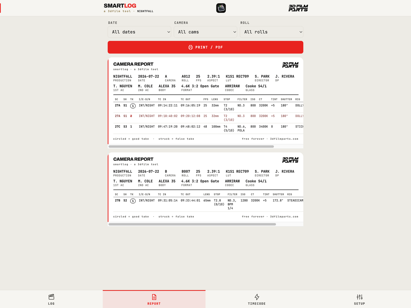 SmartLog camera reports on iPad in landscape