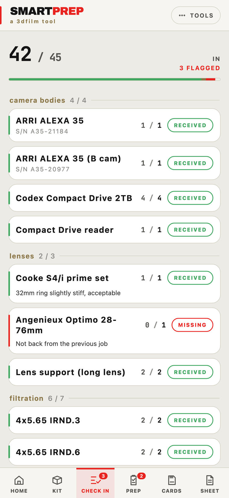 SmartPrep check-in on iPhone with a missing lens flagged