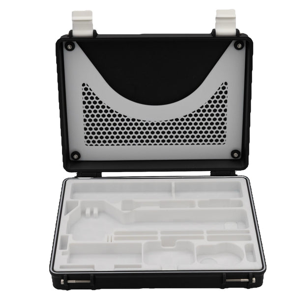 What you get: DJI Osmo Pocket 4 Pro Ultimate Rugged Case open, black shell with the white TPU insert, white honeycomb lid organiser and white latches - 3D Film Parts