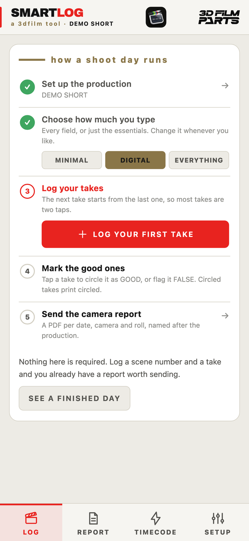 SmartLog opening screen showing the five steps of a shoot day
