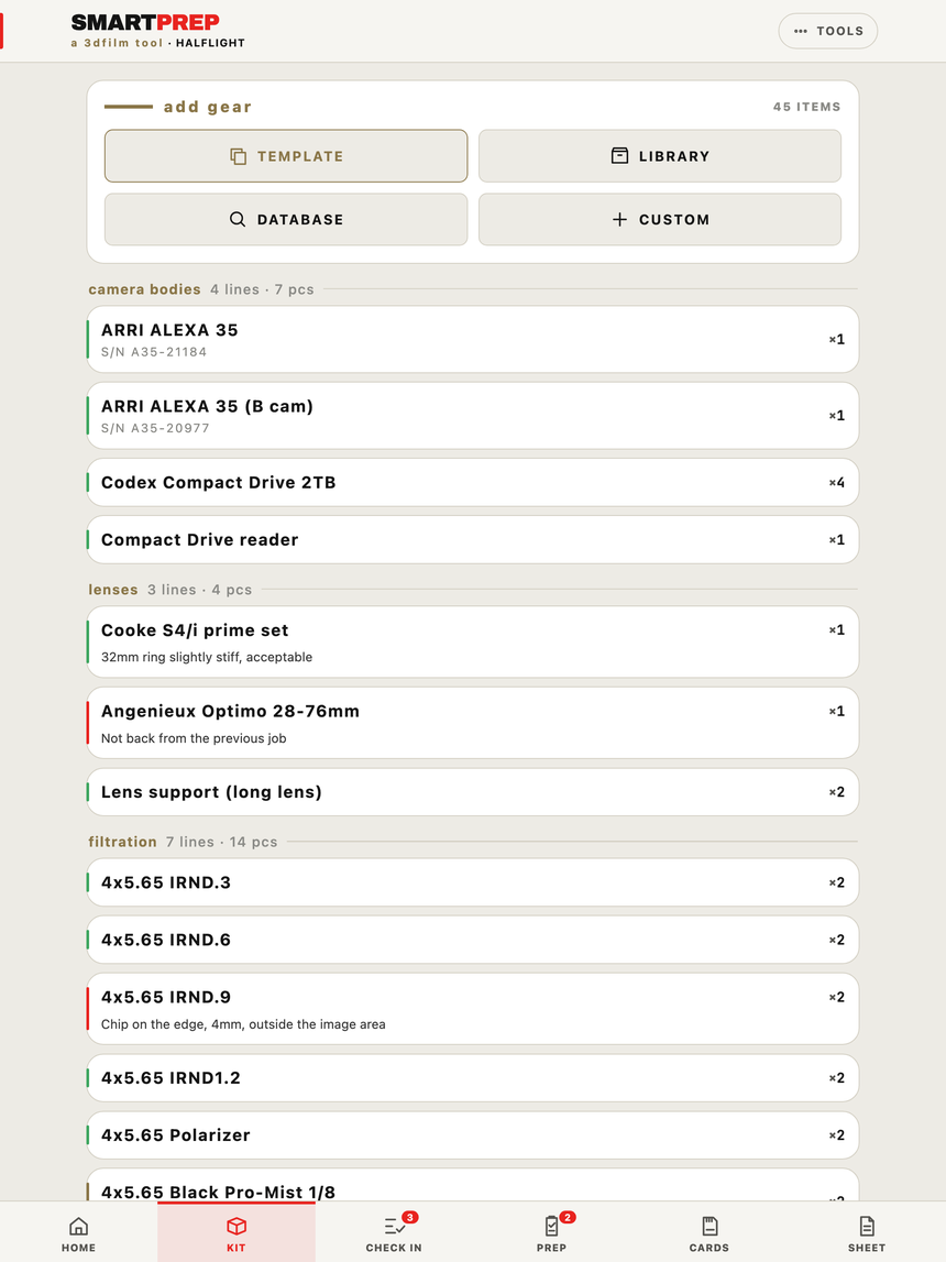 Building a kit list in SmartPrep on iPad