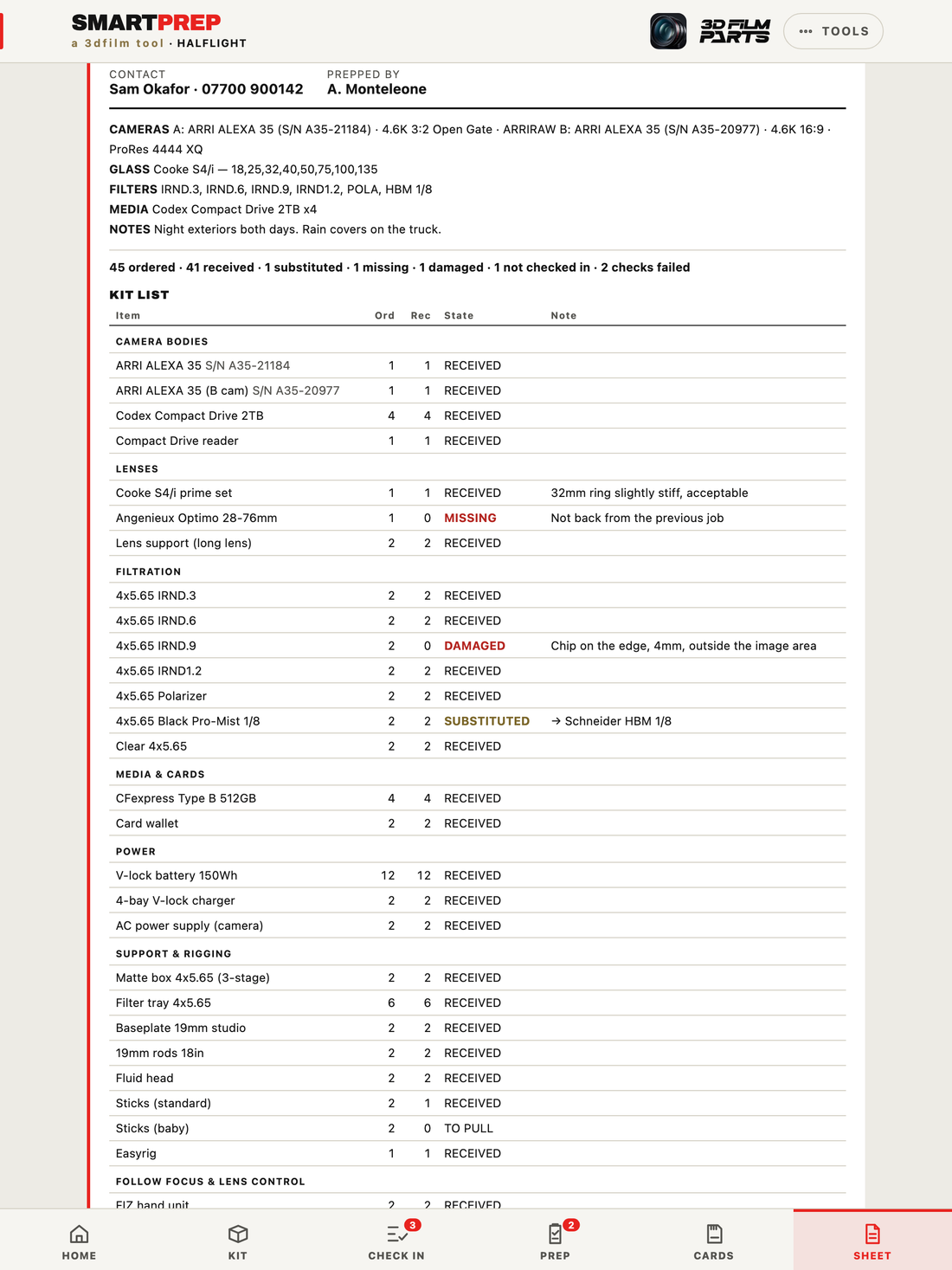 The SmartPrep prep sheet on iPad
