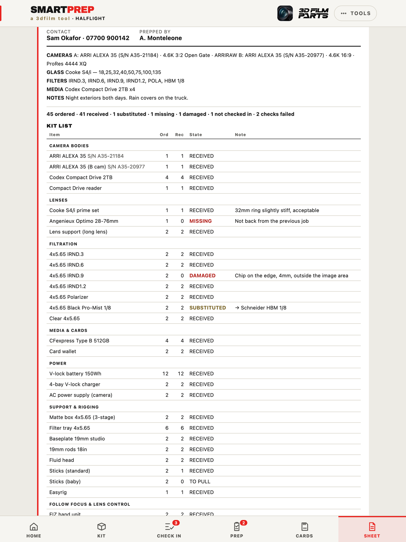 The SmartPrep prep sheet on iPad